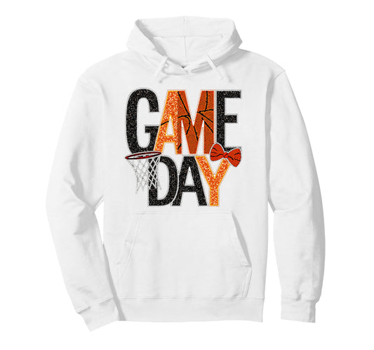 Game Day Basketball Mom Sister Aunt Bow Hoodie - Unique Graphic Men Women - T-Shirt, Sweatshirt, Hoodie