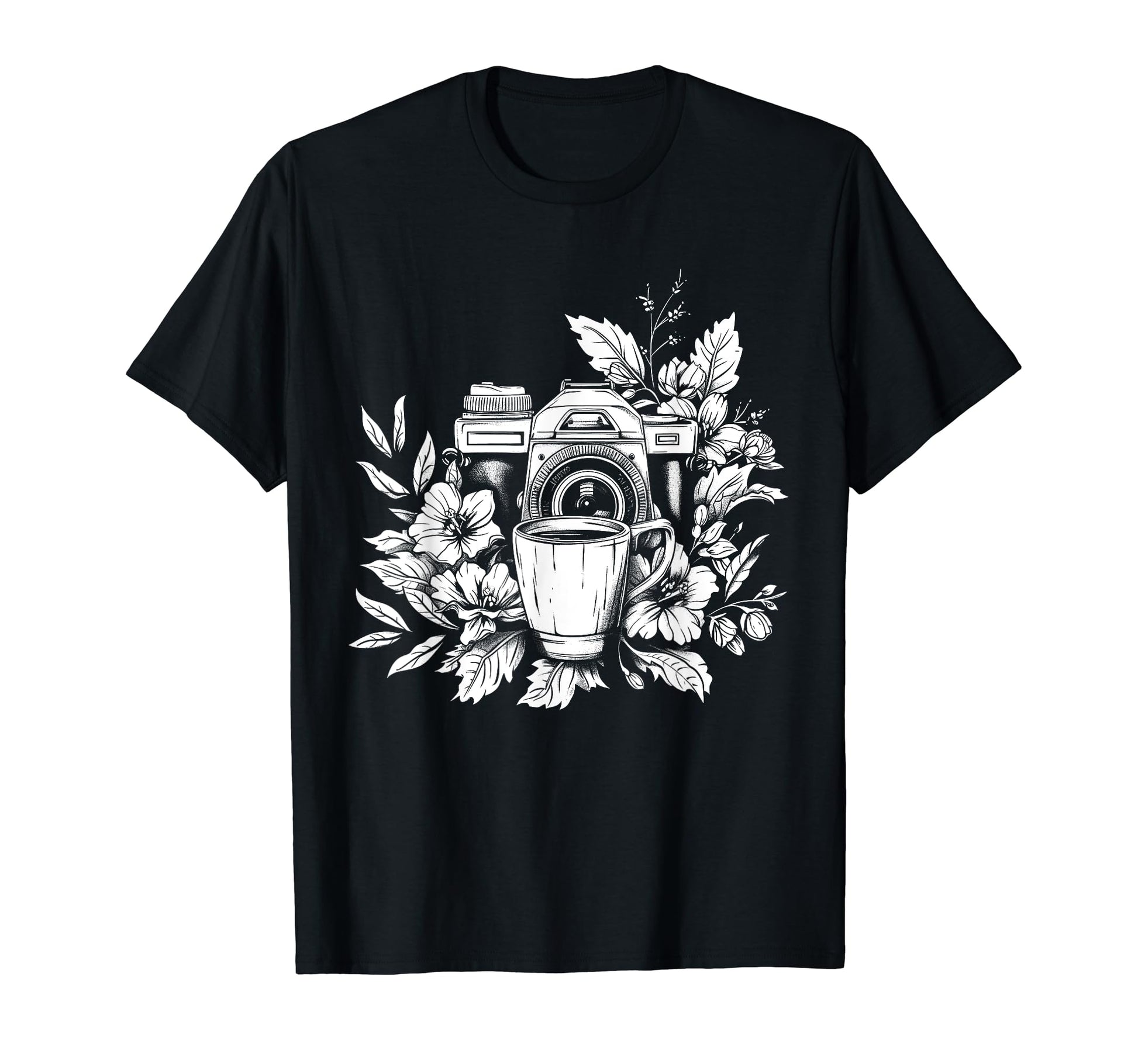 Photographer Coffee Camera Flowers T-Shirt - Custom Art Print for Adults - T-Shirt, Sweatshirt, Hoodie