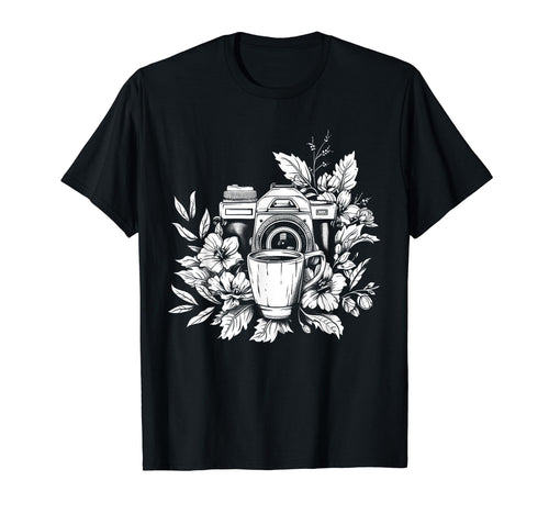 Photographer Coffee Camera Flowers T-Shirt - Custom Art Print for Adults - T-Shirt, Sweatshirt, Hoodie