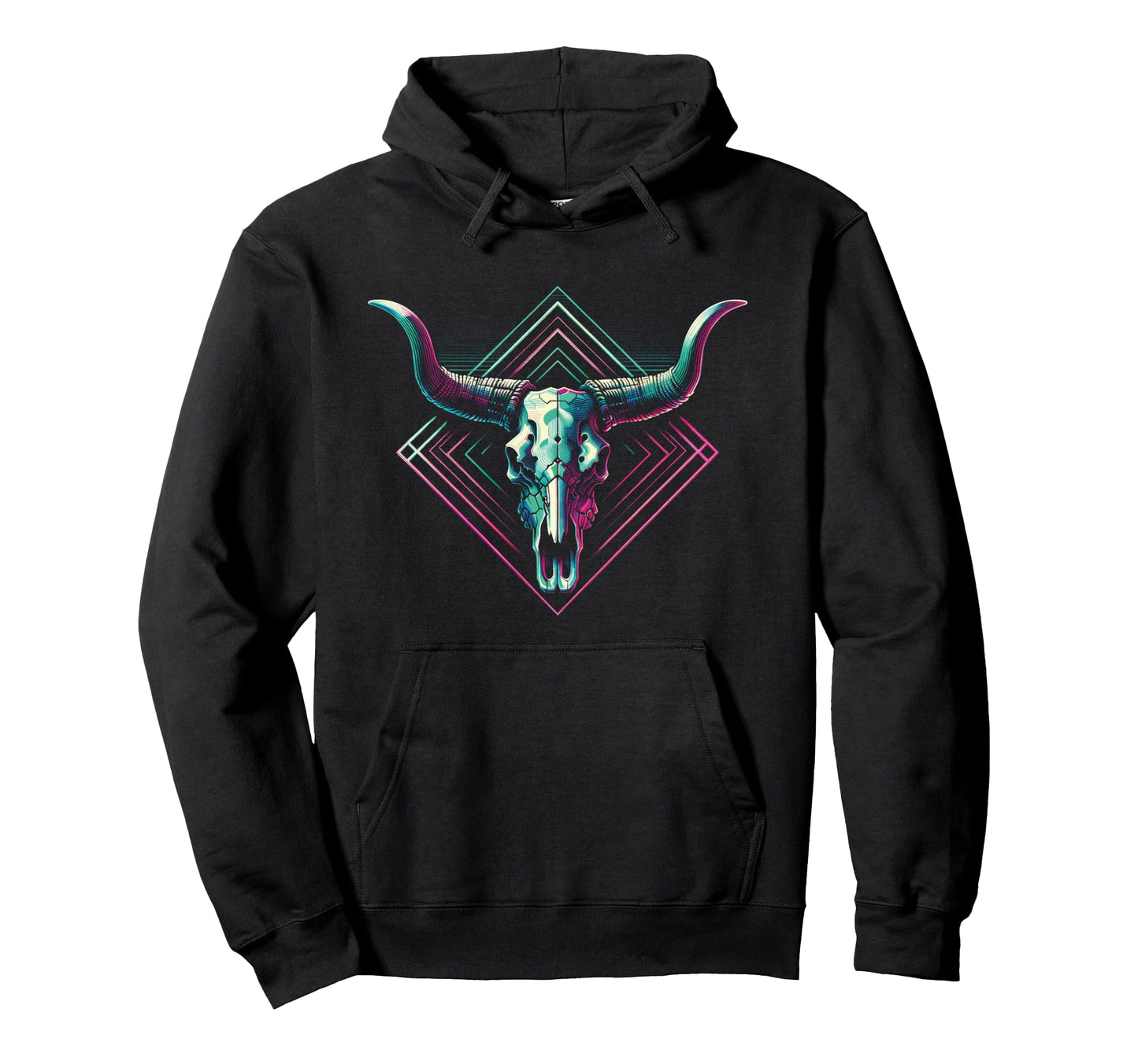 Vaporwave Longhorn Cow Cattle Skull Art Hoodie - Custom Art Print Unisex - T-Shirt, Sweatshirt, Hoodie
