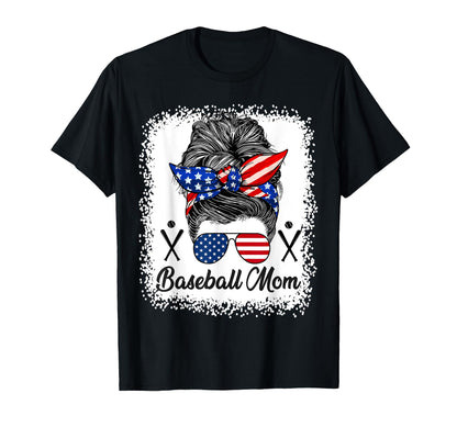 Baseball Mom Messy Bun Usa Flag Glasses T-Shirt - Custom Art Print Unisex - T-Shirt, Sweatshirt, Hoodie