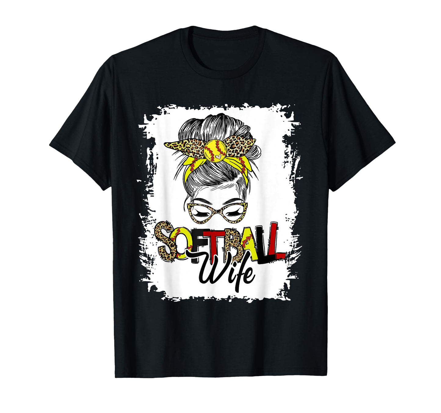 Softball Wife Life Leopard Messy Bun T-Shirt - Graphic Print Unisex - T-Shirt, Sweatshirt, Hoodie