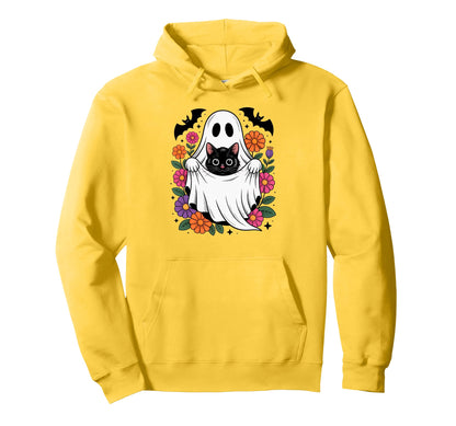 Boho Floral Spooky Ghost Cat Halloween Hoodie - Streetwear Style Men Women - T-Shirt, Sweatshirt, Hoodie
