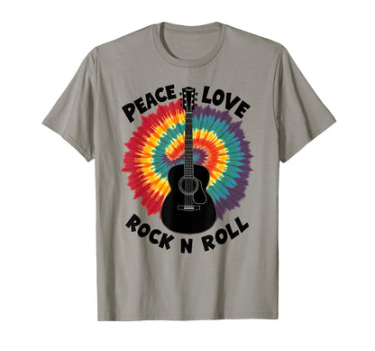 Tie Dye Peace Love Rock N Roll Guitar T-Shirt - Custom Art Print Unisex - T-Shirt, Sweatshirt, Hoodie