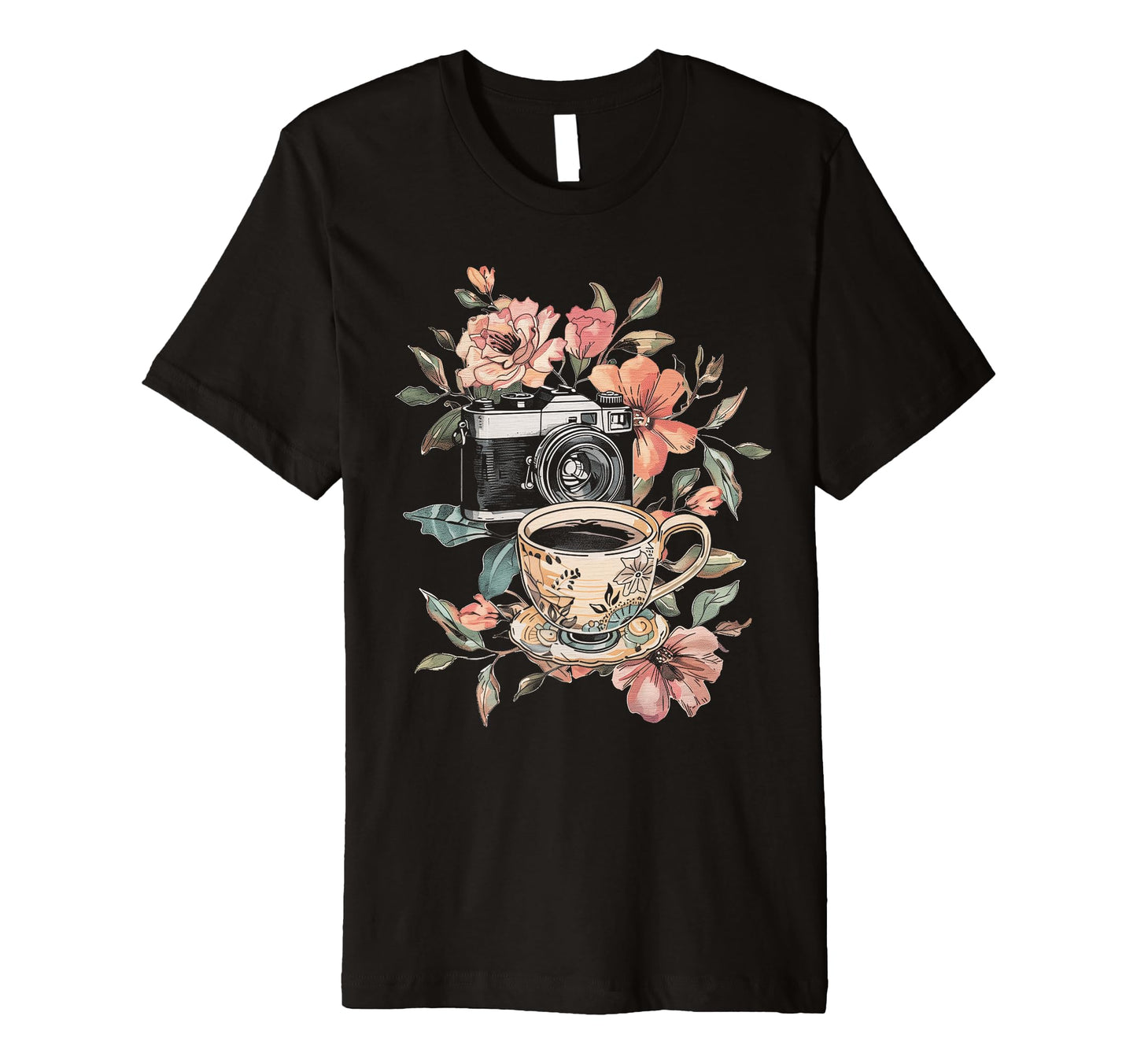 Photographer Coffee Camera Flowers T-Shirt - Minimalist Print for Adults - T-Shirt, Sweatshirt, Hoodie