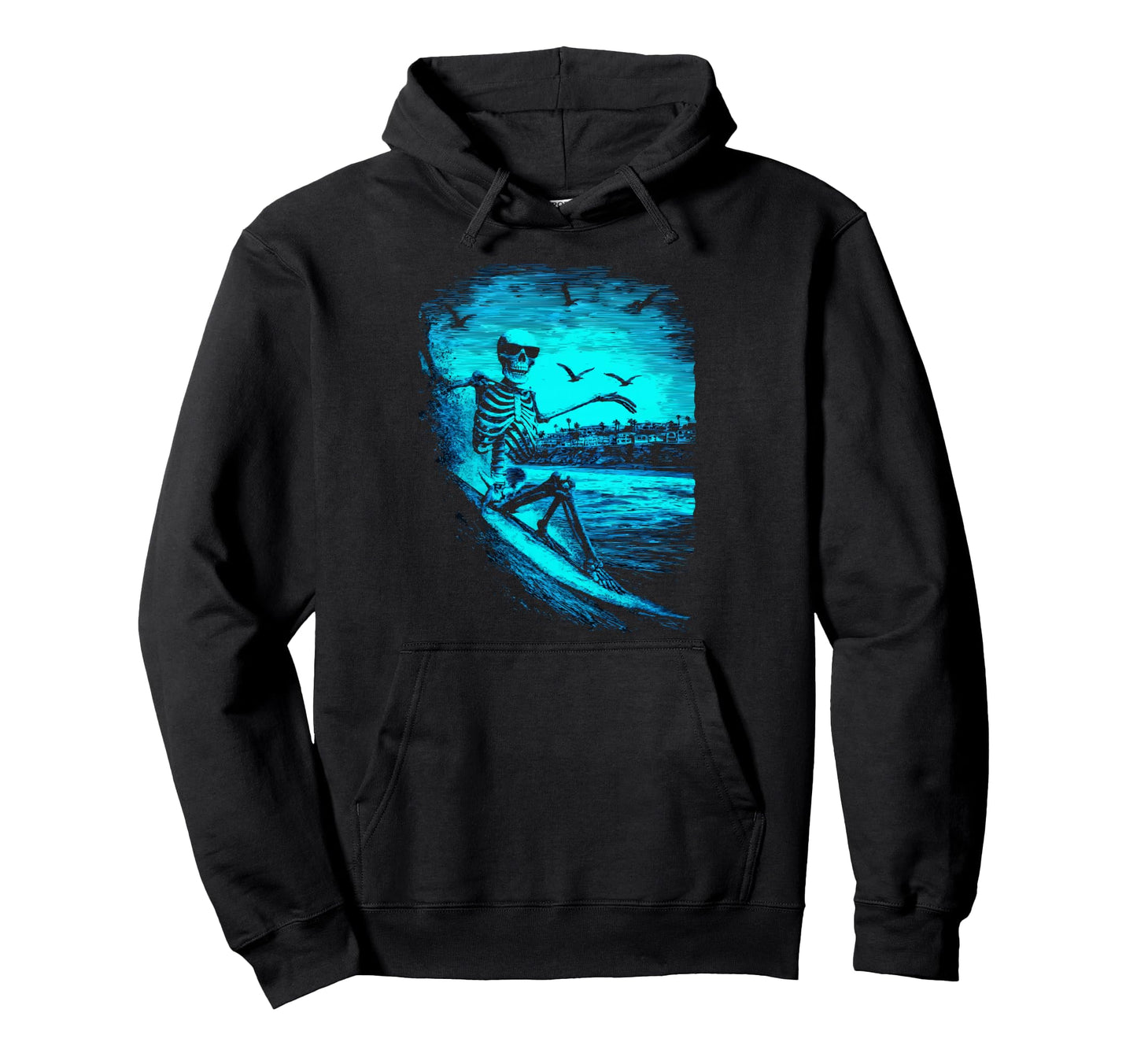 Surfing Skeleton Surfer Riding Wave Hoodie - Minimalist Print for Adults - T-Shirt, Sweatshirt, Hoodie
