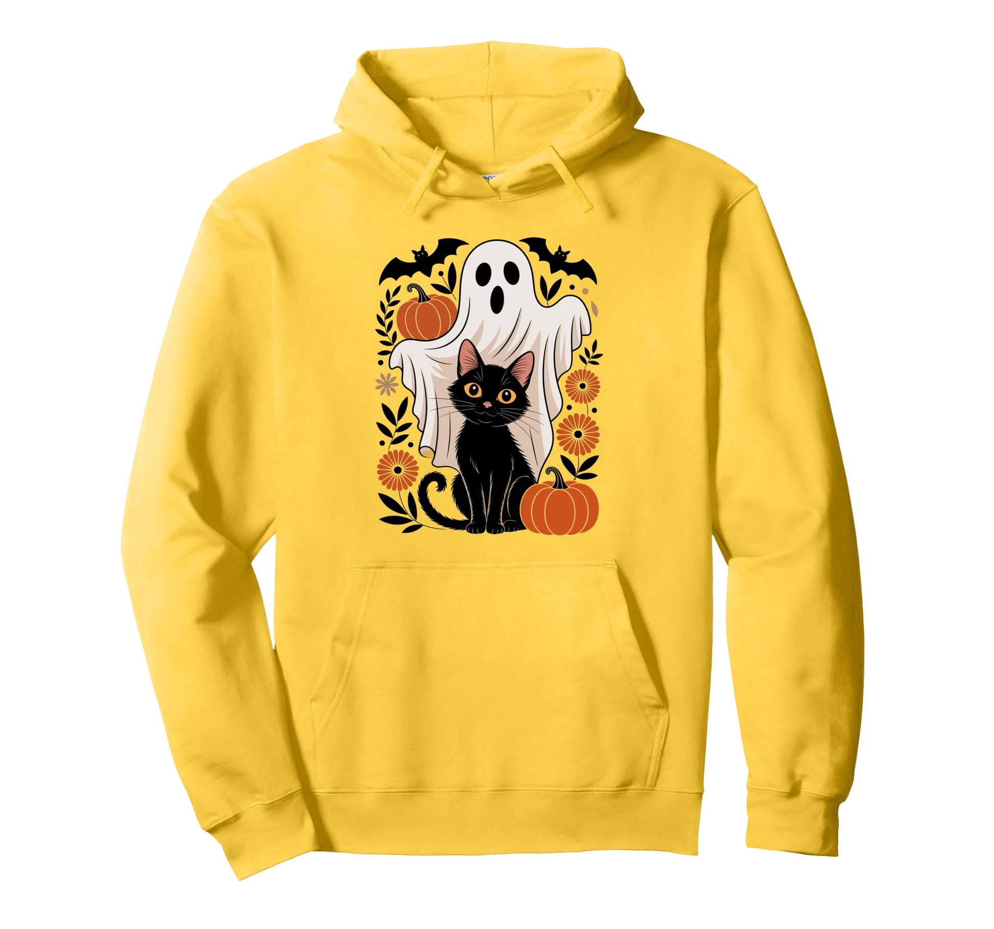 Boho Floral Spooky Ghost Holding Black Cat Hoodie - Trendy Graphic Unisex - T-Shirt, Sweatshirt, Hoodie