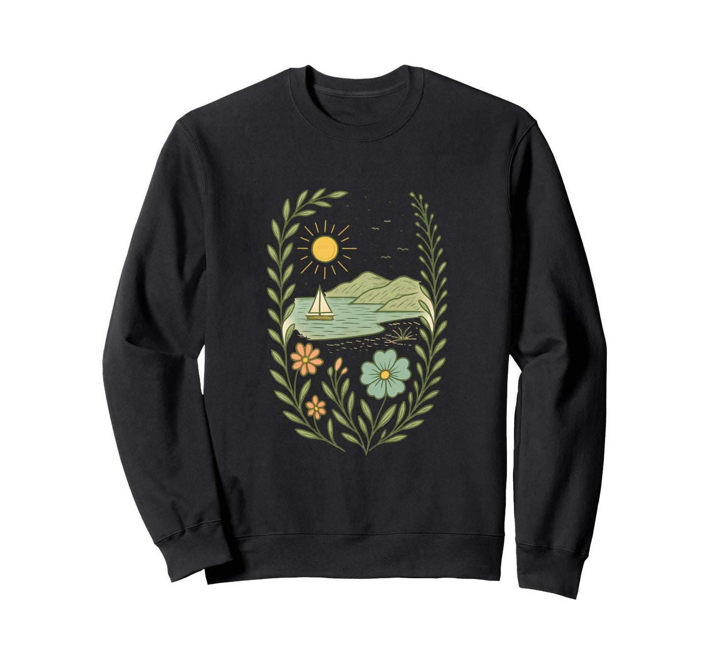 Sailboat Beach Boho Floral Summer Nature Sweatshirt - Unique Graphic Unisex - T-Shirt, Sweatshirt, Hoodie