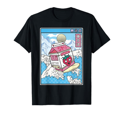 Surfing Strawberry Milk Carton Japan T-Shirt - Custom Art Print for Adults - T-Shirt, Sweatshirt, Hoodie