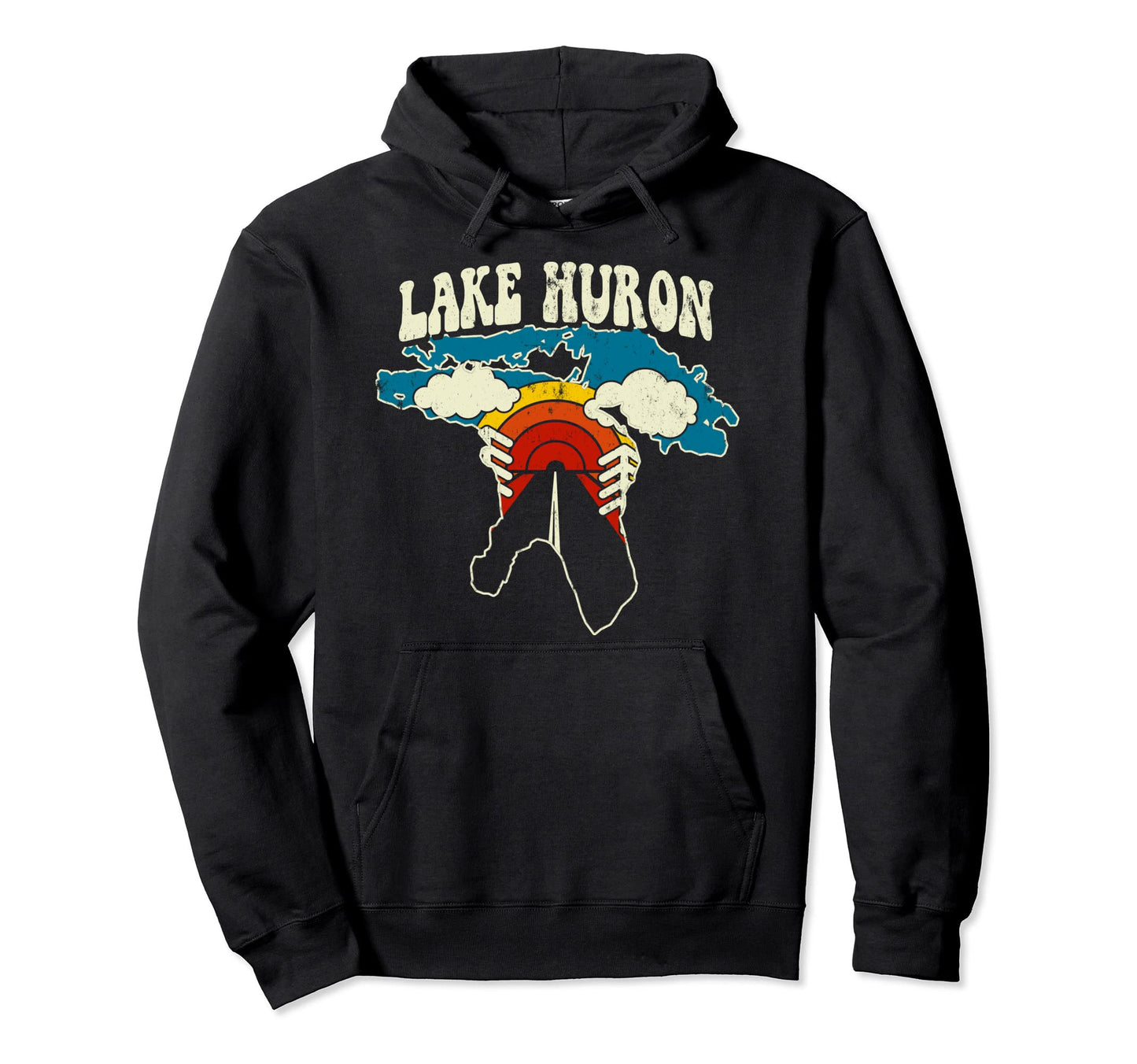 Lake Huron Lake Rainbow Nature 70S Map Hoodie - Unique Graphic Unisex - T-Shirt, Sweatshirt, Hoodie