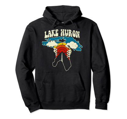 Lake Huron Lake Rainbow Nature 70S Map Hoodie - Unique Graphic Unisex - T-Shirt, Sweatshirt, Hoodie
