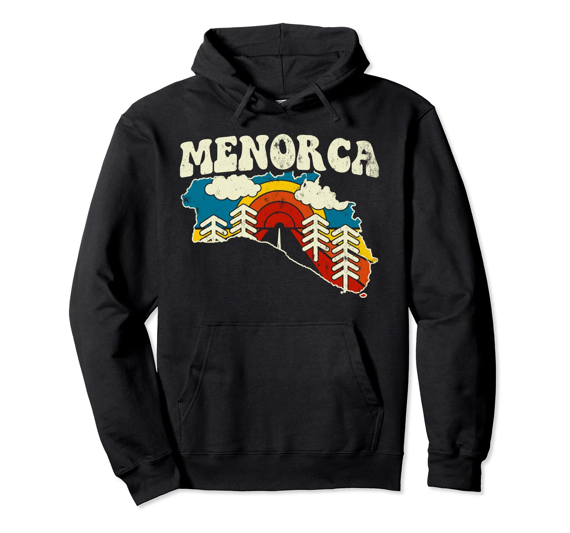 Menorca Spain Spanish Island Rainbow 70S Hoodie - Novelty Apparel Unisex - T-Shirt, Sweatshirt, Hoodie