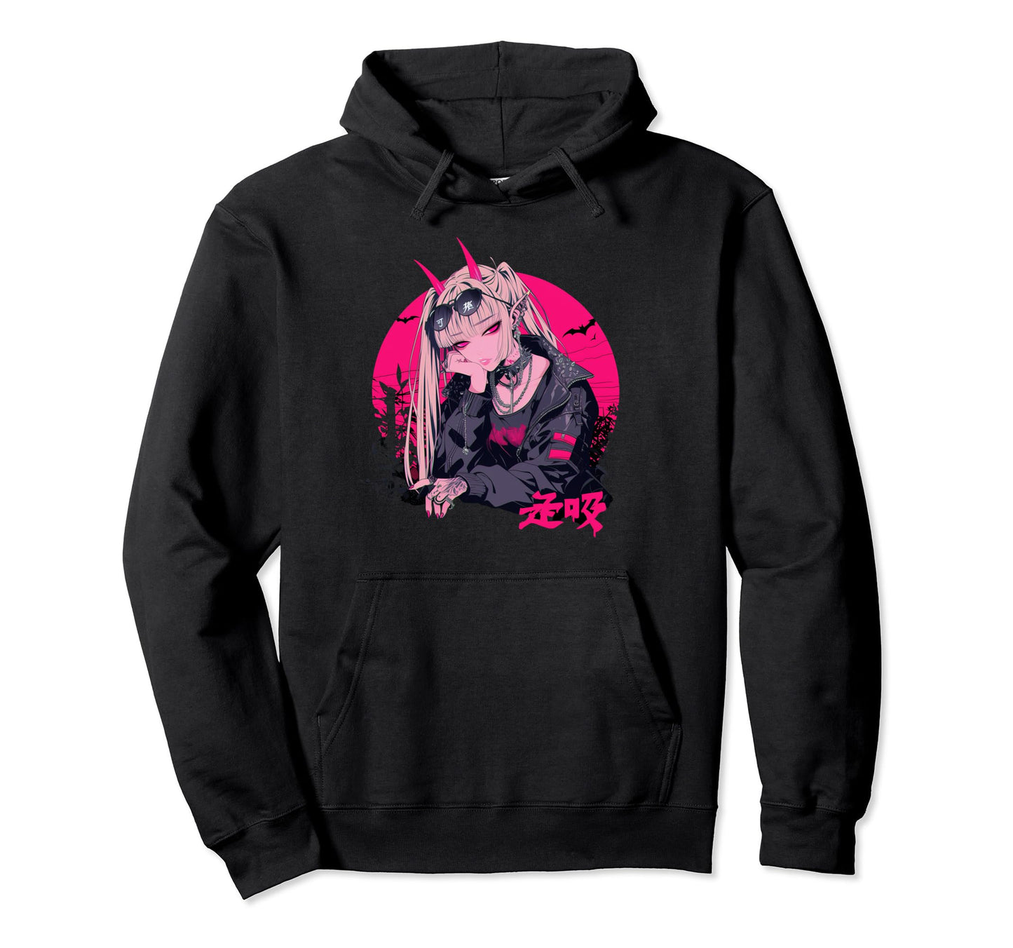 Goth Grunge Demon Anime Waifu Horror Hoodie - Minimalist Print for Adults - T-Shirt, Sweatshirt, Hoodie
