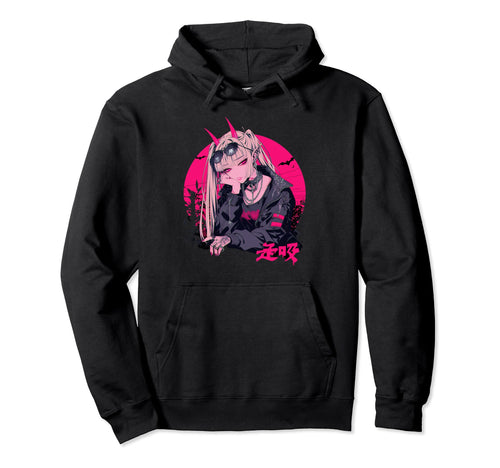 Goth Grunge Demon Anime Waifu Horror Hoodie - Minimalist Print for Adults - T-Shirt, Sweatshirt, Hoodie