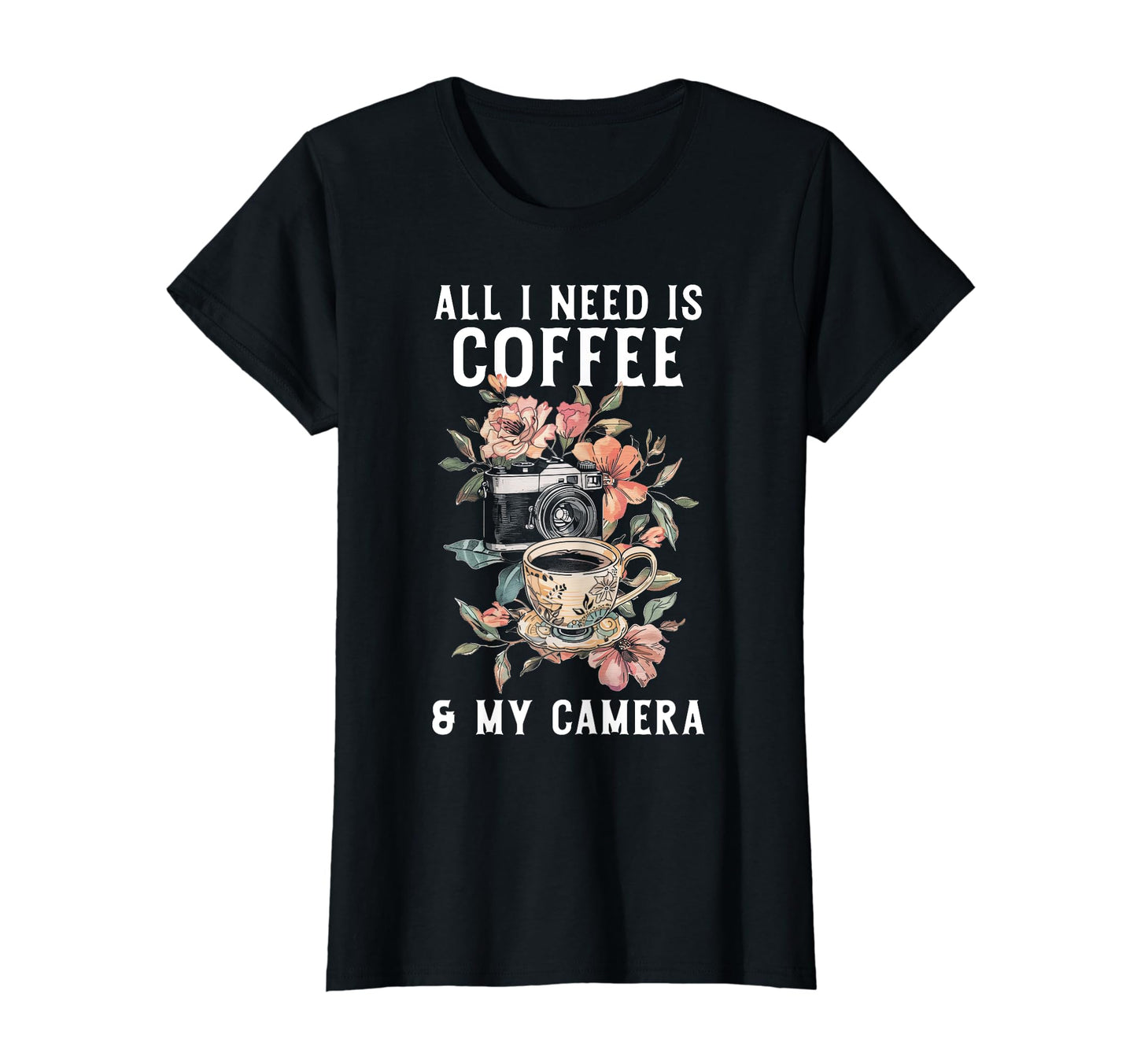 Coffee Camera Photographer Flowers T-Shirt - Custom Art Print for Adults - T-Shirt, Sweatshirt, Hoodie