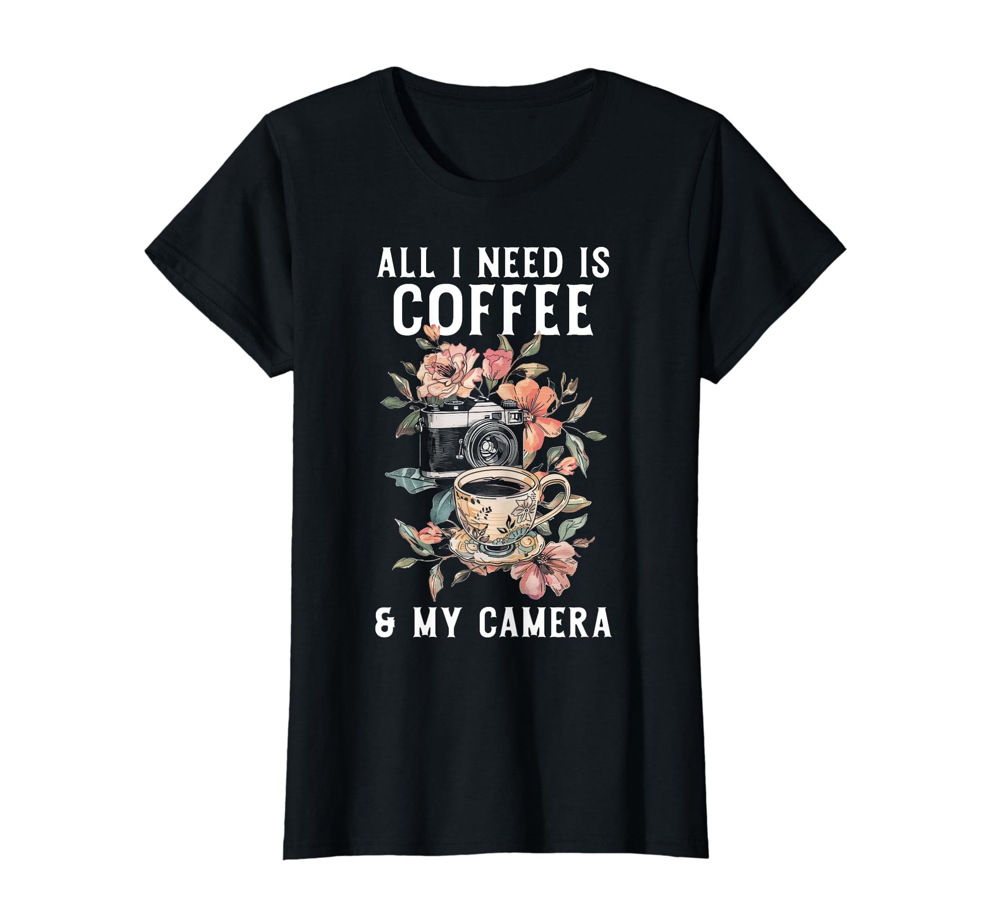 Coffee Camera Photographer Flowers T-Shirt - Custom Art Print for Adults - T-Shirt, Sweatshirt, Hoodie