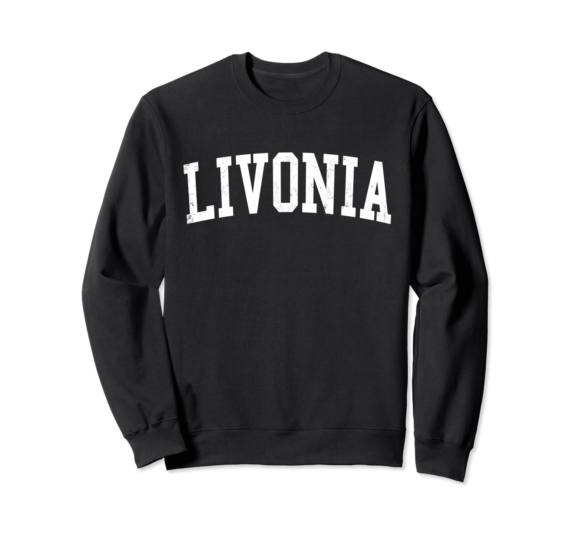 Livonia Mi Distressed White Varsity Sweatshirt - Novelty Apparel for Adults - T-Shirt, Sweatshirt, Hoodie