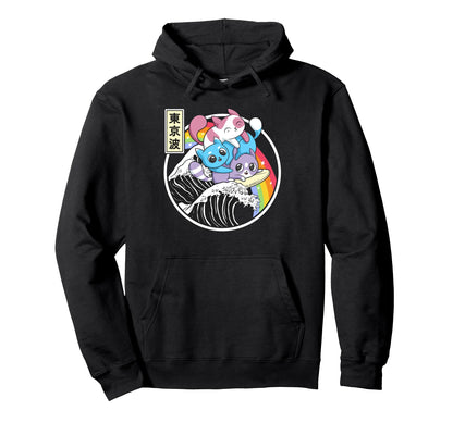 Playing Cats Surfing Kanagawa Wave Kawaii Hoodie - Novelty Apparel Unisex - T-Shirt, Sweatshirt, Hoodie