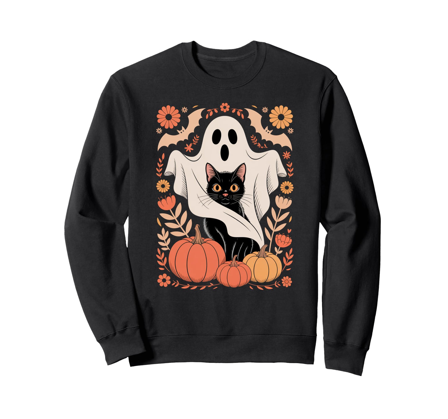 Boho Floral Spooky Ghost Holding Black Sweatshirt - Unique Graphic Unisex - T-Shirt, Sweatshirt, Hoodie
