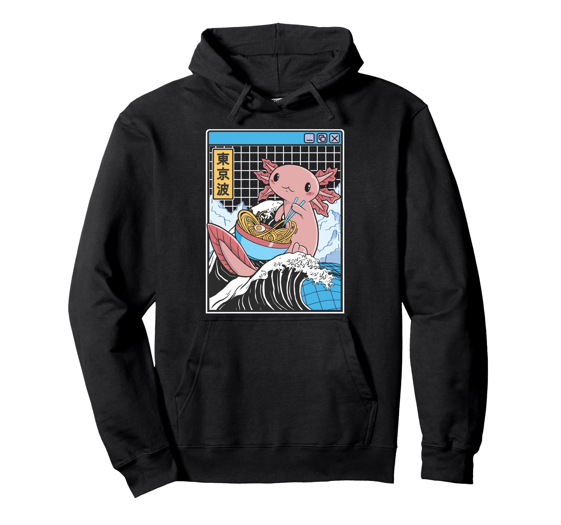 Axolotl Eating Ramen Kanagawa Wave Hoodie - Minimalist Print Men Women - T-Shirt, Sweatshirt, Hoodie