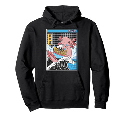 Axolotl Eating Ramen Kanagawa Wave Hoodie - Minimalist Print Men Women - T-Shirt, Sweatshirt, Hoodie