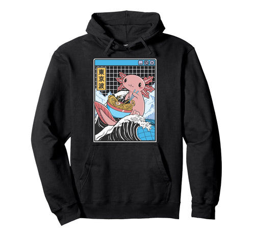 Axolotl Eating Ramen Kanagawa Wave Hoodie - Minimalist Print Men Women - T-Shirt, Sweatshirt, Hoodie