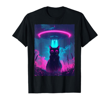 80S Synthwave Black Cat Ufo Alien T-Shirt - Aesthetic Graphic for Adults - T-Shirt, Sweatshirt, Hoodie