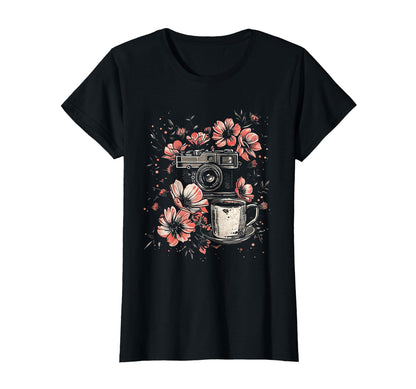 Photographer Coffee Camera Flowers T-Shirt - Novelty Apparel Unisex - T-Shirt, Sweatshirt, Hoodie