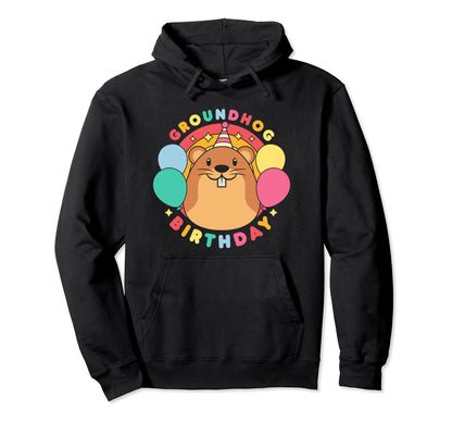 Groundhog Day Birthday Party Hat Balloons Hoodie - Minimalist Print Unisex - T-Shirt, Sweatshirt, Hoodie