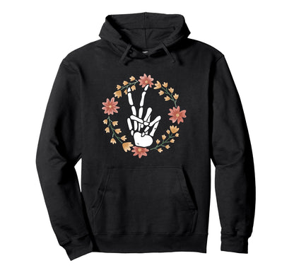 Skeleton Hand Peace Sign Bone Flowers Hoodie - Minimalist Print for Adults - T-Shirt, Sweatshirt, Hoodie