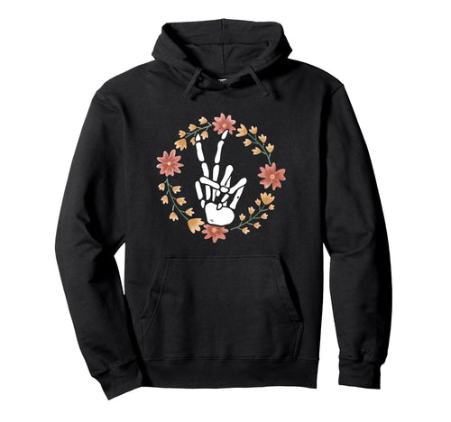 Skeleton Hand Peace Sign Bone Flowers Hoodie - Minimalist Print for Adults - T-Shirt, Sweatshirt, Hoodie