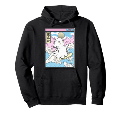 Surfing Ghost Japanese Waves Anime Kawaii Hoodie - Unique Graphic Unisex - T-Shirt, Sweatshirt, Hoodie