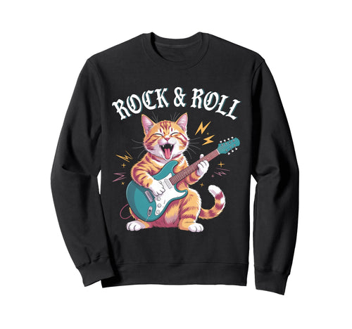Rock And Roll Cat Rocker Guitarist Sweatshirt - Graphic Print for Adults - T-Shirt, Sweatshirt, Hoodie
