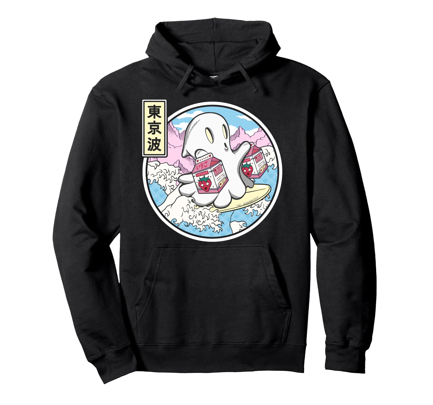 Surfing Ghost Strawberry Milk Japanese Hoodie - Novelty Apparel Unisex - T-Shirt, Sweatshirt, Hoodie