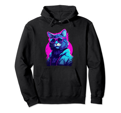 Vaporwave Aesthetic Cat Wearing Hoodie - Graphic Print Men Women - T-Shirt, Sweatshirt, Hoodie
