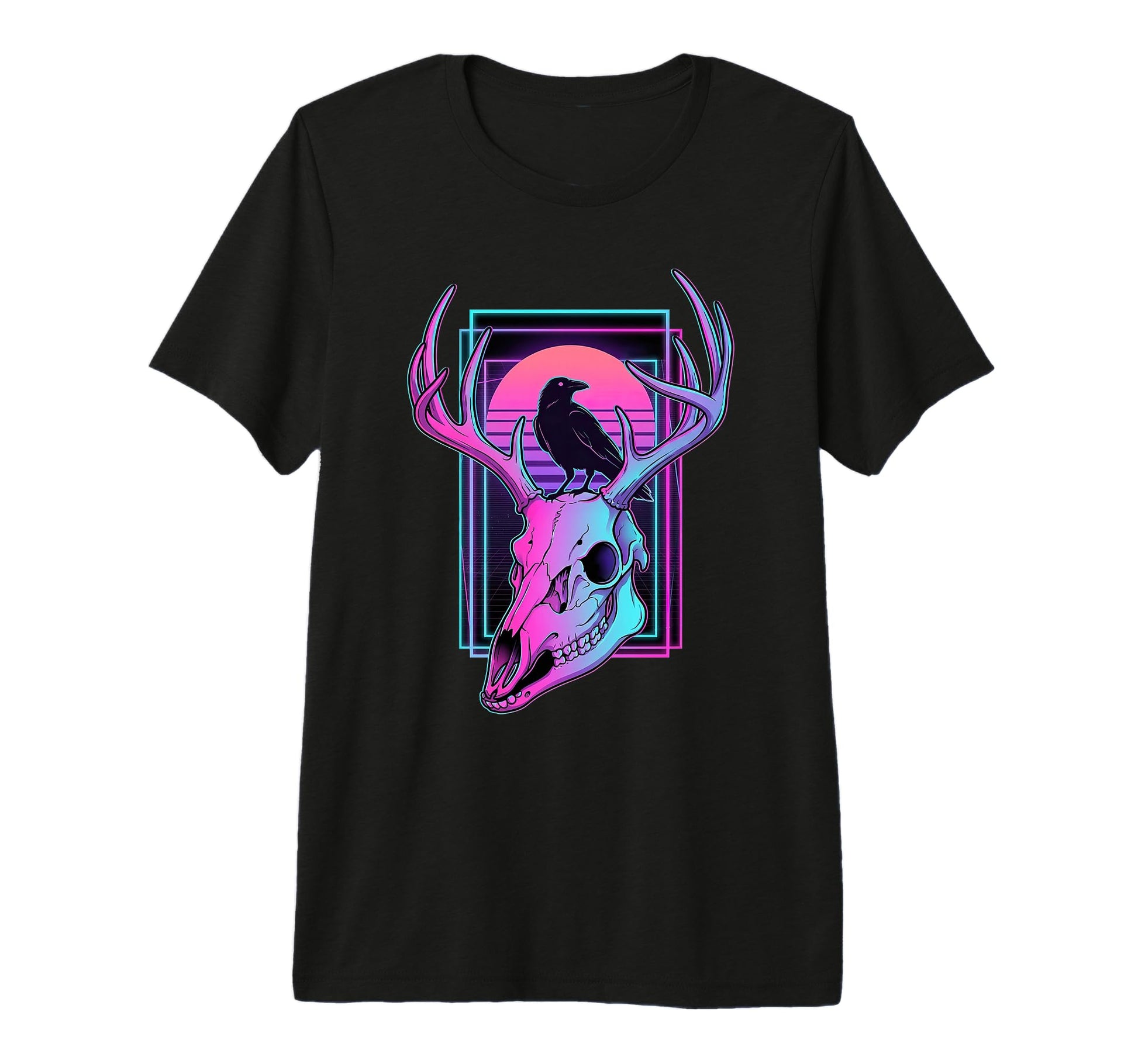 Vaporwave Deer Skull Raven Synthwave T-Shirt - Unique Graphic Unisex - T-Shirt, Sweatshirt, Hoodie