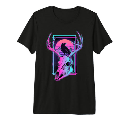 Vaporwave Deer Skull Raven Synthwave T-Shirt - Unique Graphic Unisex - T-Shirt, Sweatshirt, Hoodie