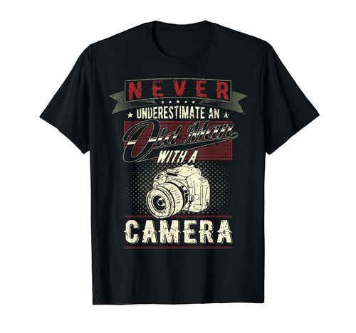Never Underestimate Old Camera T-Shirt - Minimalist Print for Adults - T-Shirt, Sweatshirt, Hoodie
