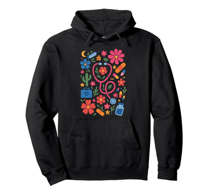 Boho Floral Nurse Doctor Stethoscope Rn Hoodie - Streetwear Style Unisex - T-Shirt, Sweatshirt, Hoodie