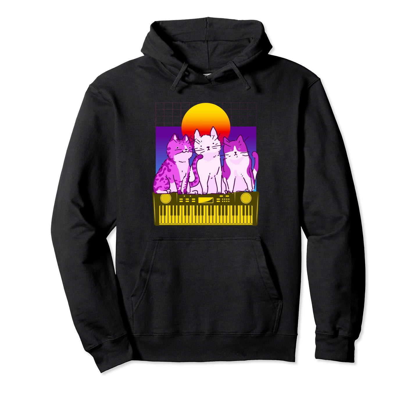 Synthesizer Cat Synth Vaporwave Keyboard Hoodie - Graphic Print for Adults - T-Shirt, Sweatshirt, Hoodie