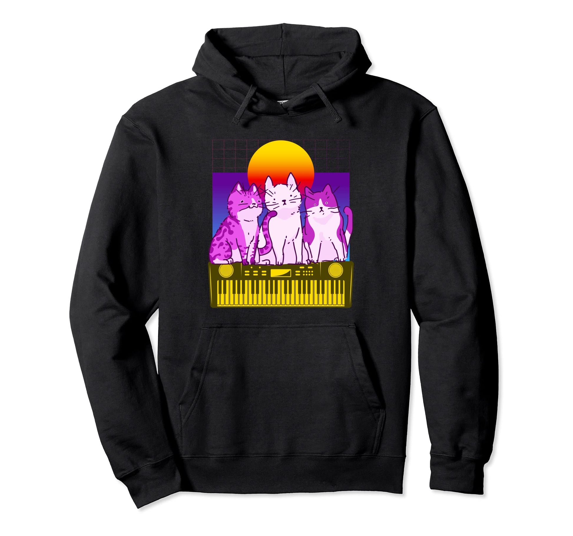 Synthesizer Cat Synth Vaporwave Keyboard Hoodie - Graphic Print for Adults - T-Shirt, Sweatshirt, Hoodie