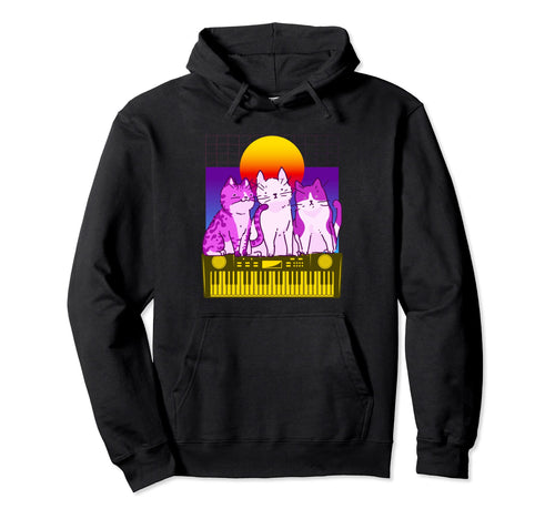 Synthesizer Cat Synth Vaporwave Keyboard Hoodie - Graphic Print for Adults - T-Shirt, Sweatshirt, Hoodie