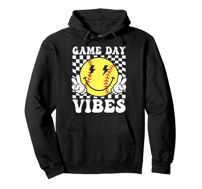 Groovy Softball Game Day Vibes Softball Hoodie - Graphic Print Men Women - T-Shirt, Sweatshirt, Hoodie