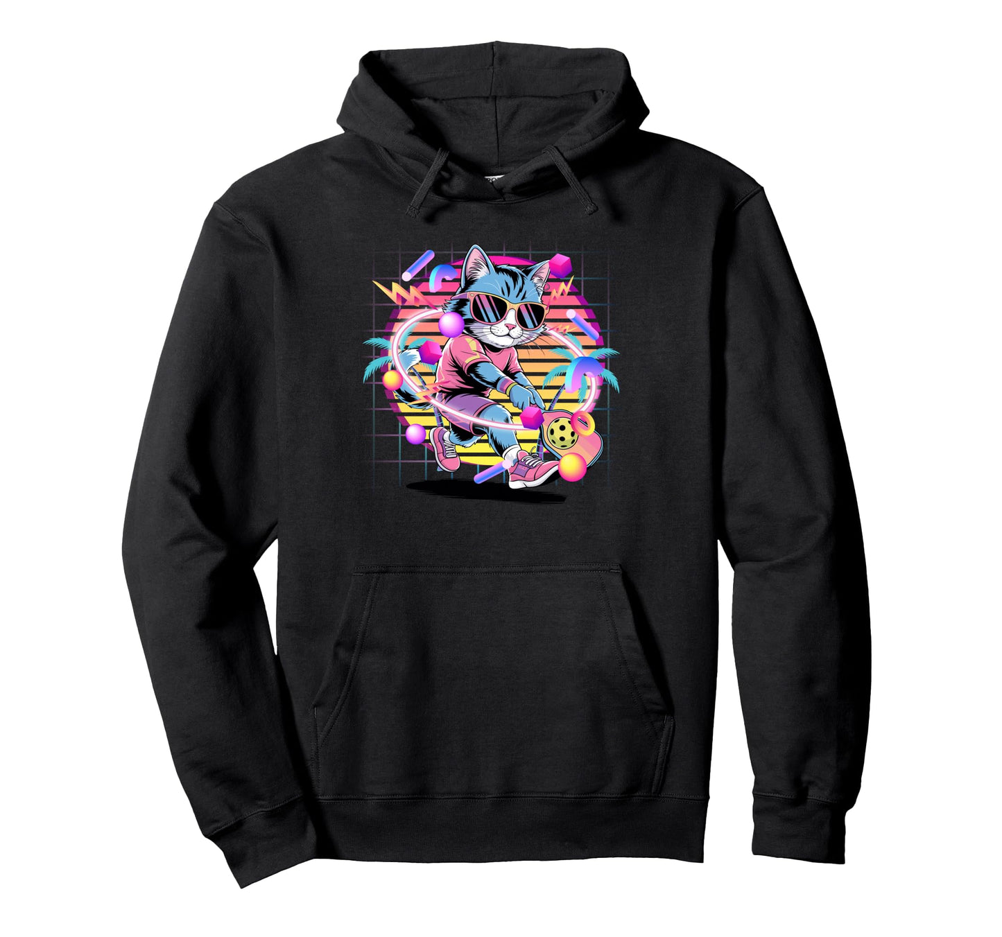 Vaporwave Cat Pickleball Player 80S Hoodie - Novelty Apparel Men Women - T-Shirt, Sweatshirt, Hoodie