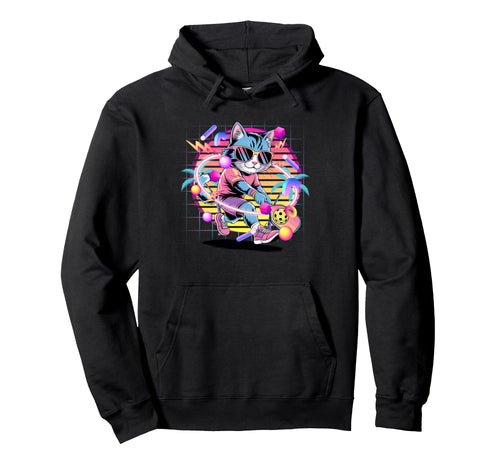 Vaporwave Cat Pickleball Player 80S Hoodie - Novelty Apparel Men Women - T-Shirt, Sweatshirt, Hoodie