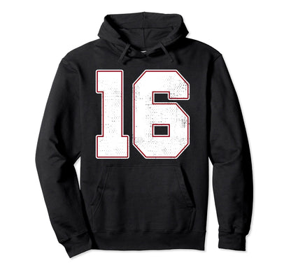 16 Outline Number 16 Varsity Fan Hoodie - Fun Novelty Design for Adults - T-Shirt, Sweatshirt, Hoodie