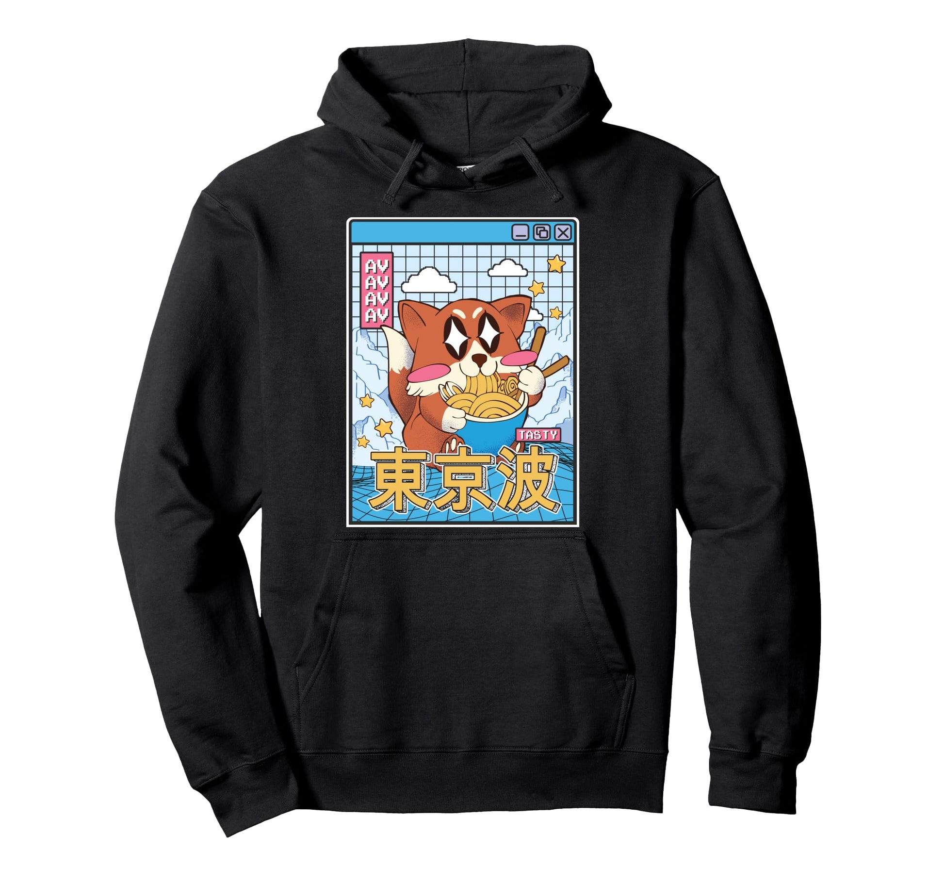 Happy Fox Eating Ramen Vaporwave Hoodie - Novelty Apparel for Adults - T-Shirt, Sweatshirt, Hoodie