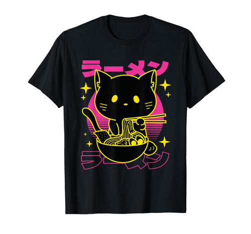Vaporwave Cat Eating Ramen Bowl T-Shirt - Casual Everyday Wear Unisex - T-Shirt, Sweatshirt, Hoodie