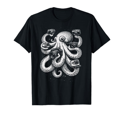 Octopus Photographer Camera Art T-Shirt - Minimalist Print Unisex - T-Shirt, Sweatshirt, Hoodie