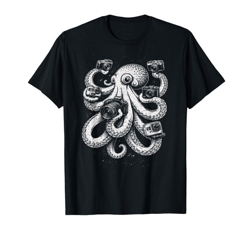 Octopus Photographer Camera Art T-Shirt - Minimalist Print Unisex - T-Shirt, Sweatshirt, Hoodie